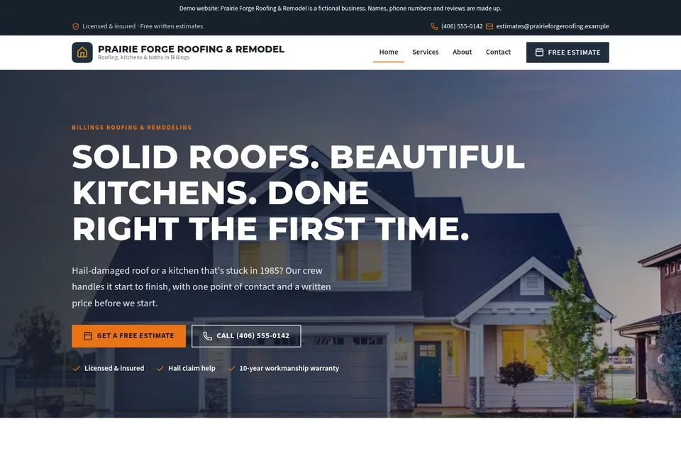 Sample design for a fictional roofing and remodeling contractor