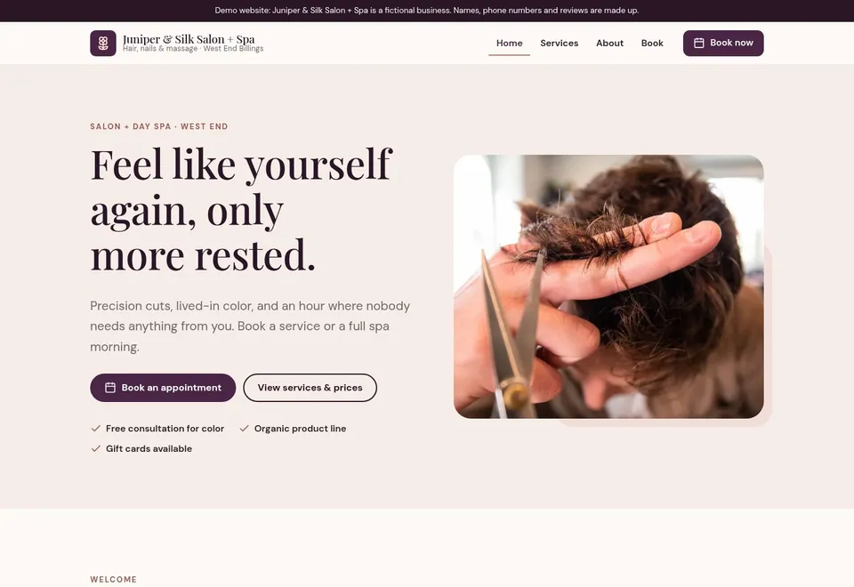 Sample design for a fictional hair salon and day spa